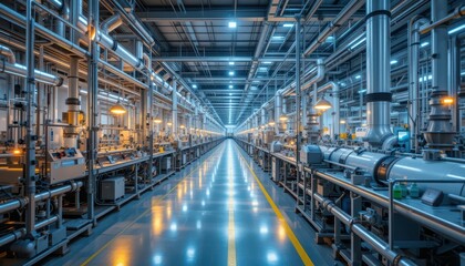 Fototapeta premium Industrial Factory Interior With Modern Equipment and Lighting