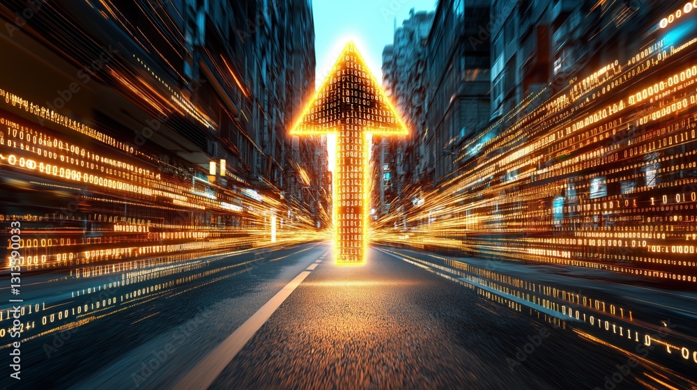 Aufkleber glowing arrow made of binary code stands at the center of a bustling city street, symbolizing rapid 
