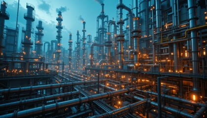Fototapeta premium Industrial infrastructure with complex piping and glowing lights