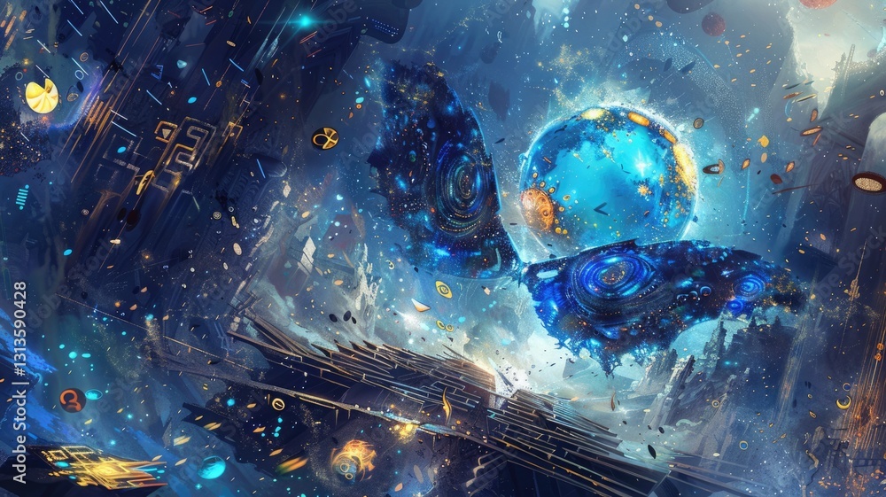 Poster abstract space scene with floating galaxies and planets. digital artwork of magical scene with natur