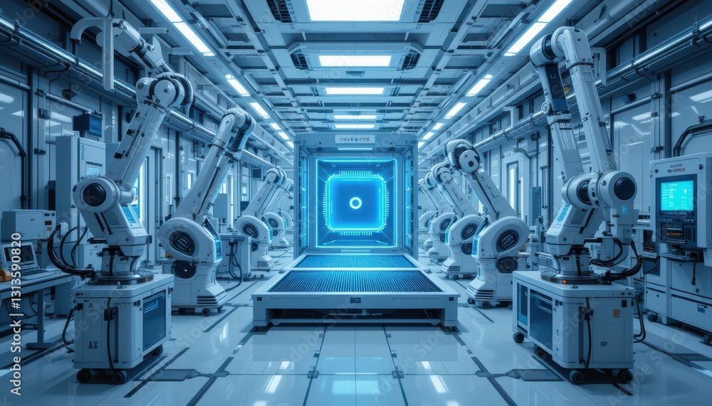 Poster advanced robotic automation in a futuristic industrial setting