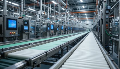 Fototapeta premium Modern Manufacturing Facility with Advanced Conveyor Belt System