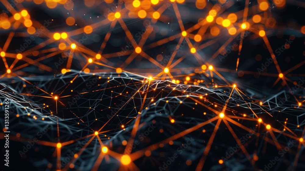 Poster an abstract visualization showcasing the concept of a wireless network with interconnected nodes and