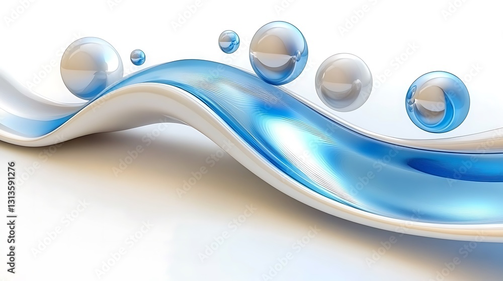 Poster abstract flowing design with reflective spheres on a clean background