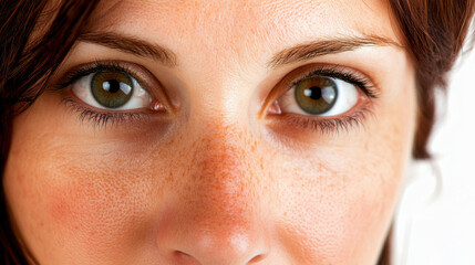 Naklejka premium Close-up portrait showcasing a woman’s striking eyes and freckles, emphasizing natural beauty and skin texture.