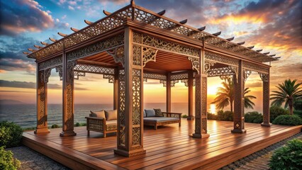 Obraz premium Teak wood pergola with intricate carvings on a private deck at sunset, decking, garden, decking, garden, outdoor