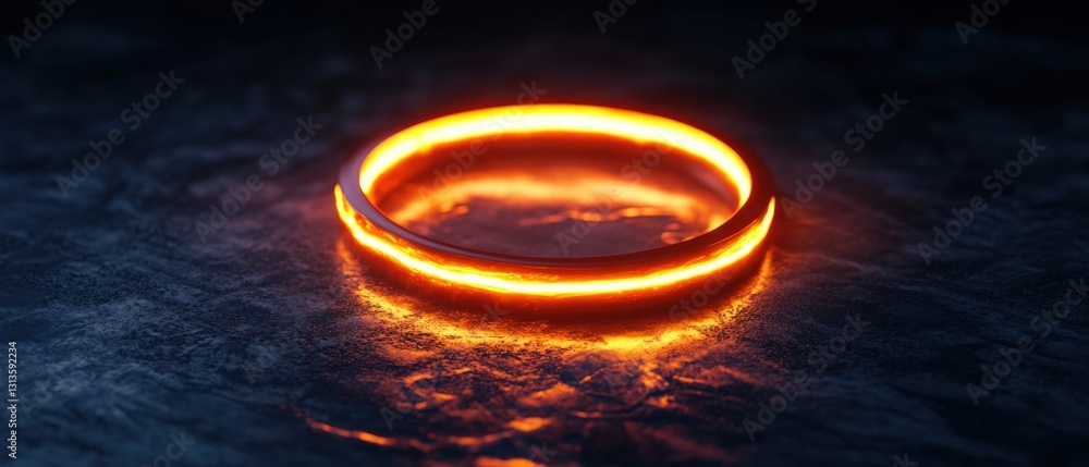 Poster glowing orange ring on dark surface, abstract light effect with reflection, modern design element fo