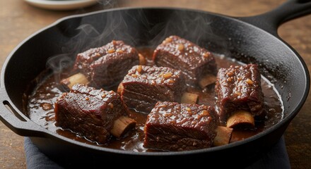 Delicious Braised Short Ribs Cooking in Cast Iron Pan with Sauce