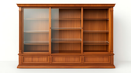 A large wooden bookcase with glass shelves