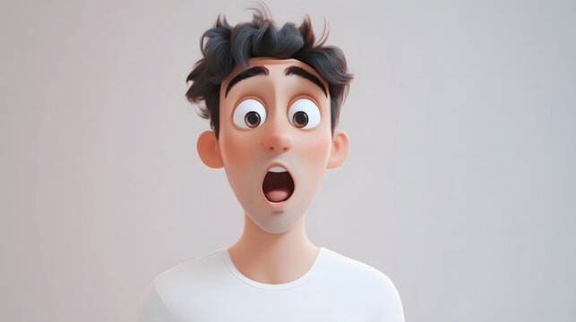 Surprised shocked cartoon character young man in a white t-shirt in 3D style on a light background. Human emotions concept