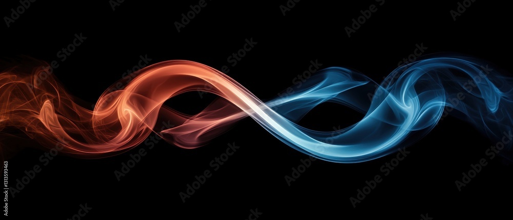 Poster abstract image featuring flowing orange and blue smoke wisps intertwining on a black background, cre