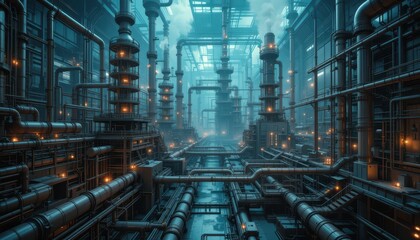 Fototapeta premium Industrial Warehouse with Complex Pipework and Dim Lighting