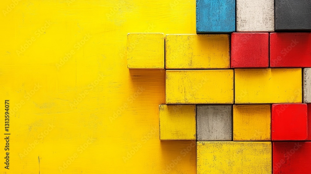 Poster vibrant geometric arrangement of textured blocks against sunny yellow backdrop offers depth and colo