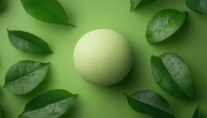 A smooth, green, textured sphere lying on a solid green background, encircled by vibrant green leaves, symbolizing nature s calm and balance