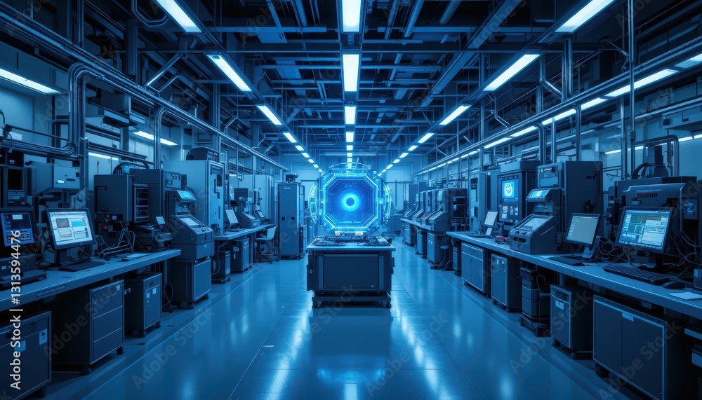 Poster futuristic technology lab with advanced machines and illuminated workspace