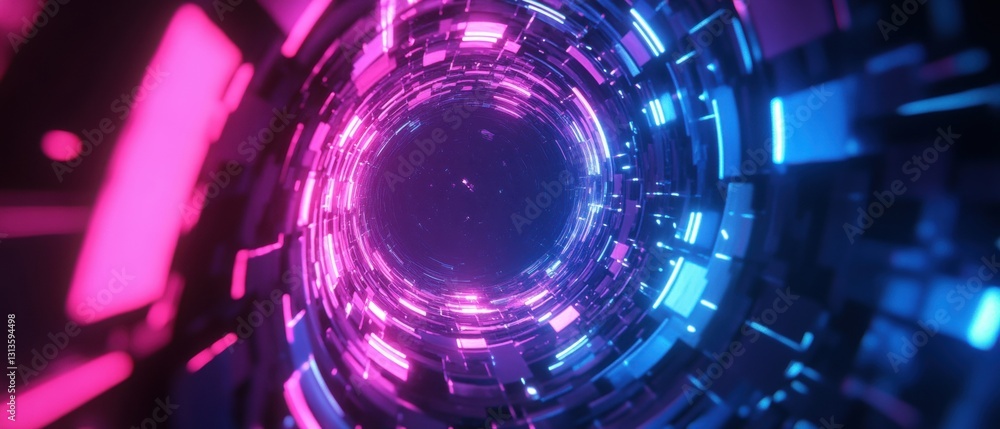 Poster futuristic neon tunnel with swirling lights and abstract patterns, showcasing a vibrant interplay of