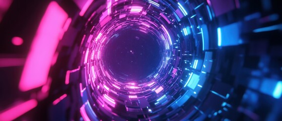 Obraz premium Futuristic neon tunnel with swirling lights and abstract patterns, showcasing a vibrant interplay of colors in a digital space environment