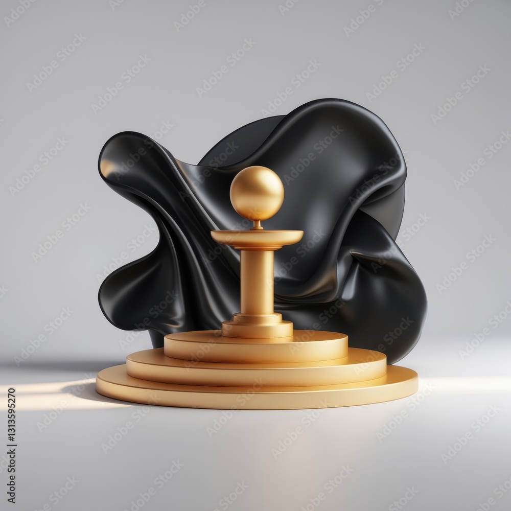 Poster abstract golden sphere on tiered platform with flowing black fabric in studio setting with soft ligh