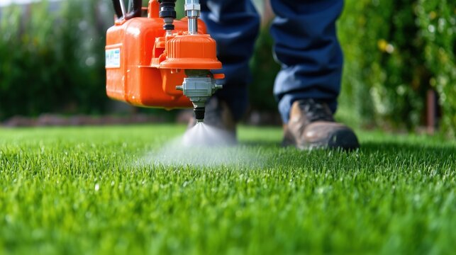 person is operating a handheld sprayer on a vibrant lawn. grass appears well-maintained and the sprayer releases a fine mist, suggesting treatment for pest control or fertilization