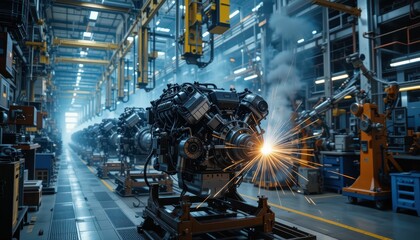 Fototapeta premium Industrial Factory Production Line with Engine Assembly and Sparks