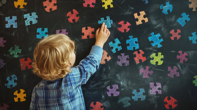 A boy with autism syndrome examines and touches the multicolored puzzle pieces drawn in chalk on the blackboard