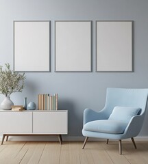 Light Blue Living Room with Blank Frames