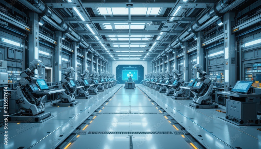 Poster advanced robotic workspace with futuristic technology and design