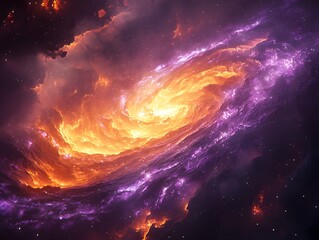 Obraz premium Swirling Cosmic Cyclone Vibrant Orange and Violet Nebula with Gleaming Stars in the Depths of Space
