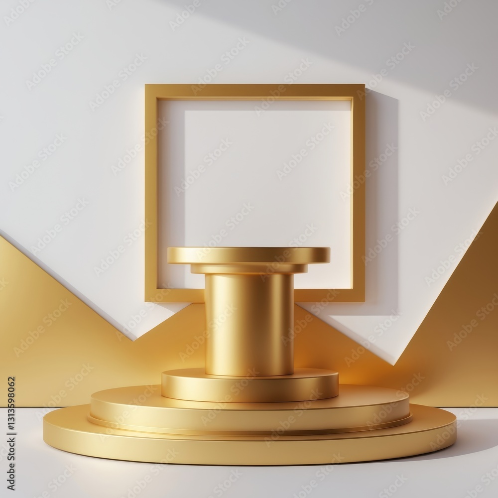 Poster golden display podium with geometric elements and white backdrop for product presentation in modern 