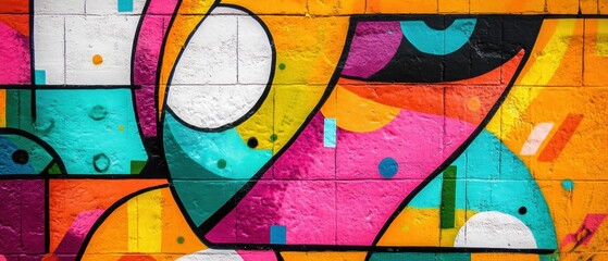 Vibrant Abstract Mural on Urban Wall with Colorful Geometric Patterns and Creative Shapes