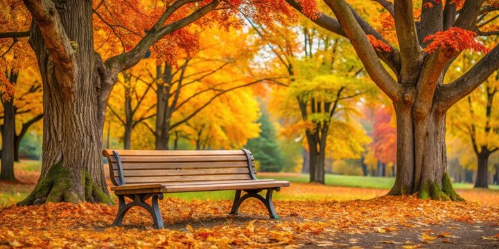 A wooden bench sits amidst vibrant fall foliage and rustic tree trunks in a serene autumn park scene , wood bench, nature scenery