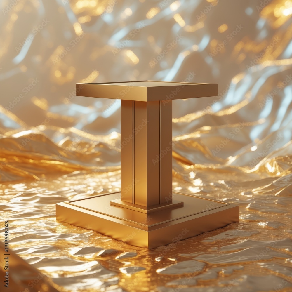 Poster golden pedestal display platform with abstract shiny metallic background for product showcase and pr