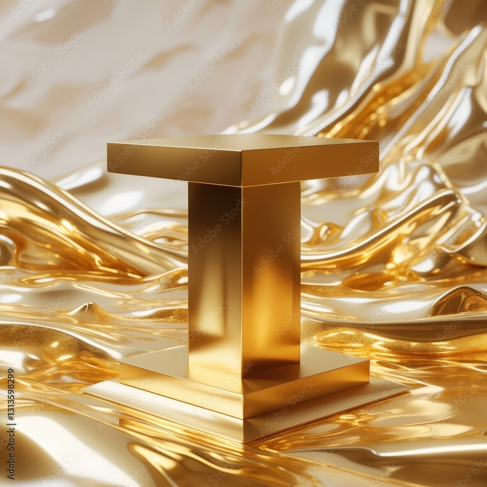 Poster golden podium on draped fabric luxury display stage for product presentation and modern elegant geom