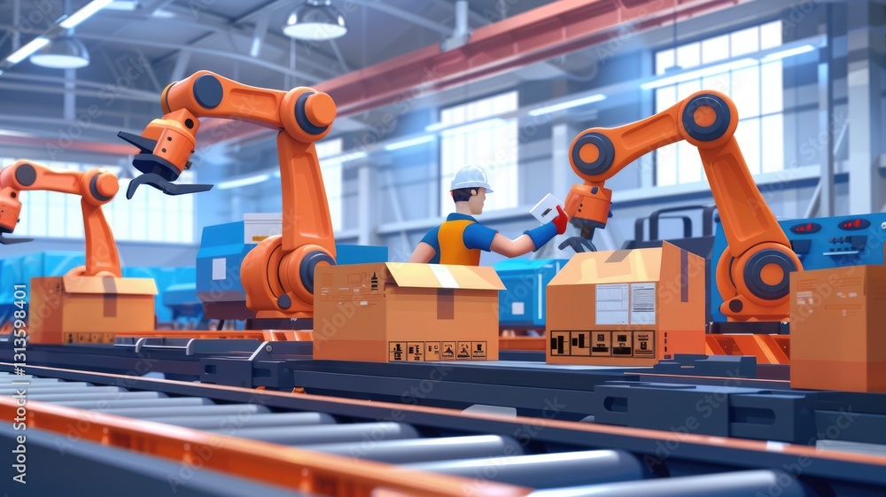 Poster robotic arms packing boxes in a modern factory. automation and industrial efficiency. robotic machin