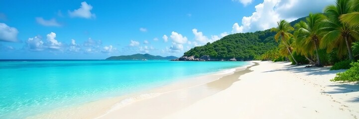 Fototapeta premium Pristine white sand beach with turquoise waters of Seychelles, travel, vacation