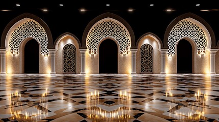 Elegant Arabian archway hall, night scene, interior, luxury, background