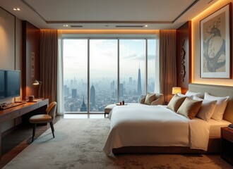 Fototapeta premium bedroom in skyscarper or hotel room with panoramic window in asian style