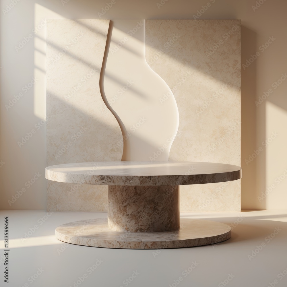 Poster minimalist stone pedestal display with beige cylindrical base under window light casting shadows per