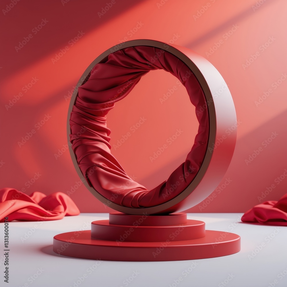 Poster red circle with wavy fabric on a red pedestal against a smooth red backdrop