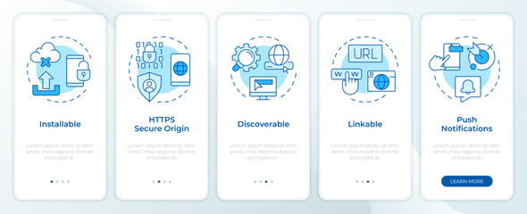 Characteristic of PWAs blue onboarding mobile app screen. Walkthrough 5 steps editable graphic instructions with linear concepts. UI, UX, GUI template. Montserrat SemiBold, Regular fonts used