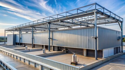 Fototapeta premium A large flat roof with industrial-style metal beams and pipes, surrounded by a high wall, with a few large vents and a slight incline towards the edge, flat roof, metal beams