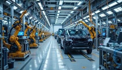 Advanced Automotive Manufacturing Process with Robotic Arms in Factory