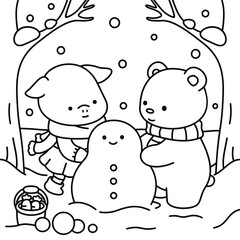 Little Bear and Little Pig are having fun building a snowman in the snow, easy coloring for kids, vector, illustration, coloring book, coloring page