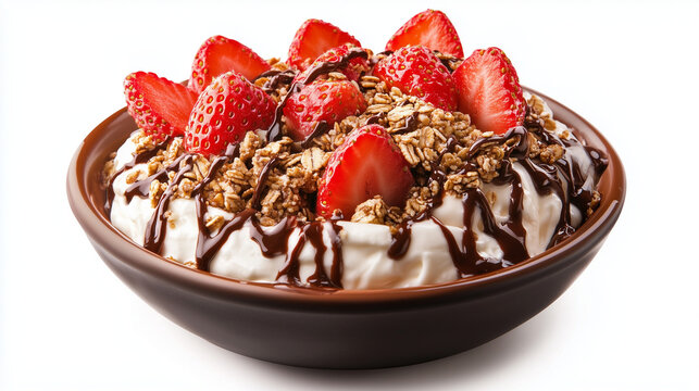 A fresh and healthy BSD Dakota-style bowl with strawberries, granola, and Greek yogurt, presented in a detailed, high-quality image on a white background.