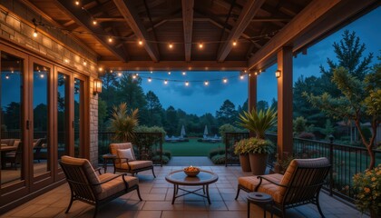 Fototapeta premium Cozy Nighttime Patio with String Lights and Comfortable Seating