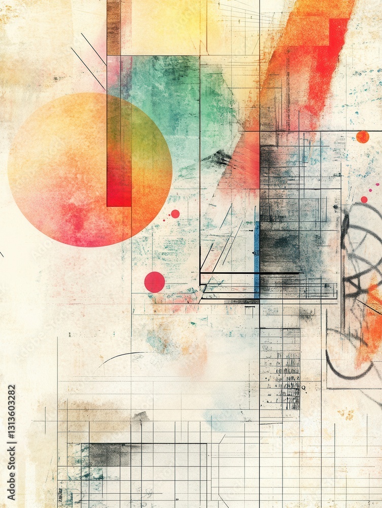 Poster explore the blend of watercolor splashes and digital textures creating harmonious abstract art with 