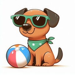 Naklejka premium Dog with green sunglasses and bandana, holding beach ball