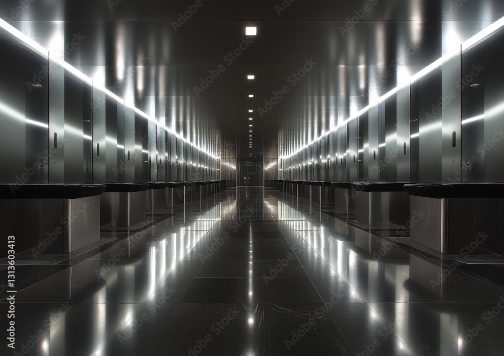 Poster modern hallway with reflective surfaces and ambient lighting in a sleek architectural design, creati