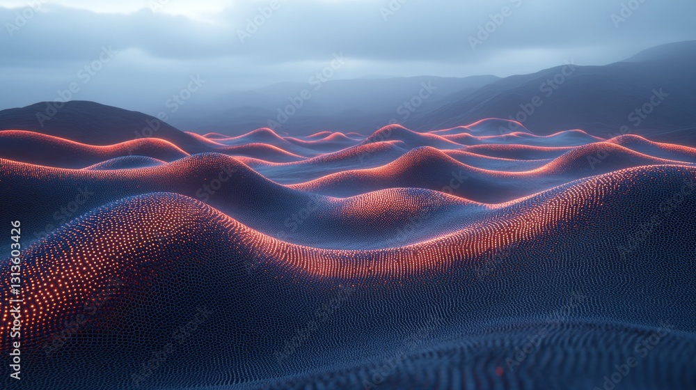 Poster abstract pixelated landscape with glowing elements evocative of digital terrain and technological ad