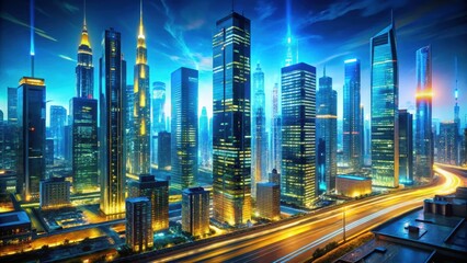 Obraz premium Glowing blue and yellow neon lights surrounding a futuristic cityscape at night with tall skyscrapers and bustling streets , nightlife, cityscape